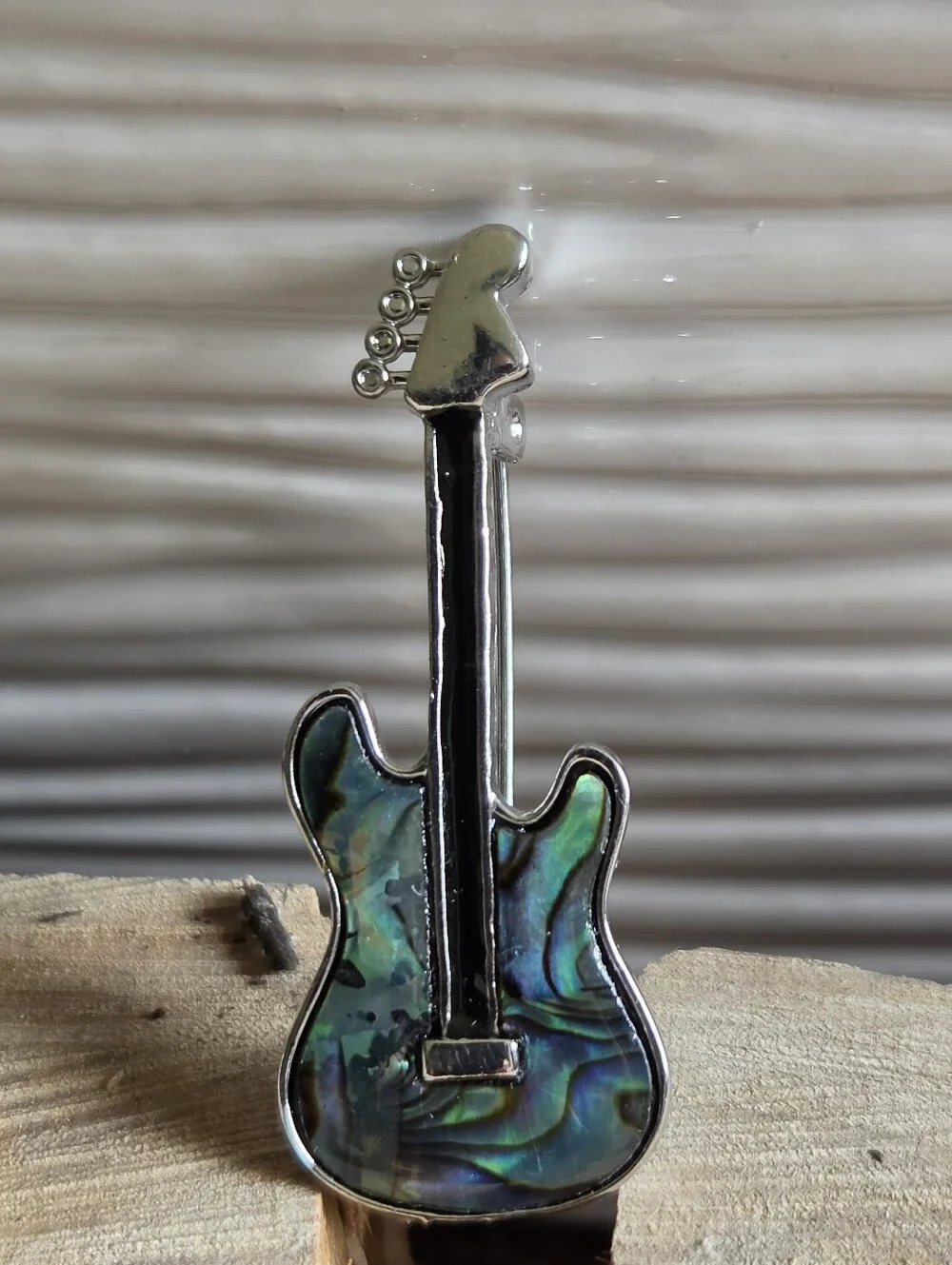 Abalone And Silver Tone Guitar Brooch
